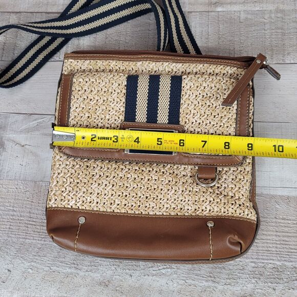 Crossbody Purse CHAPS Straw Vegan Faux Leather Cloth Strap Metal Logo Slim - Picture 14 of 16